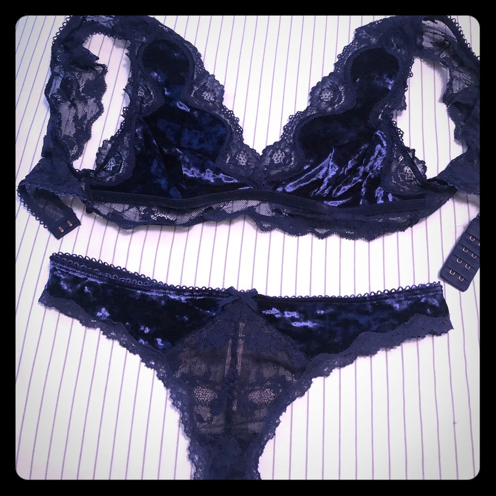 VS Navy lace velvet bralet and thong set